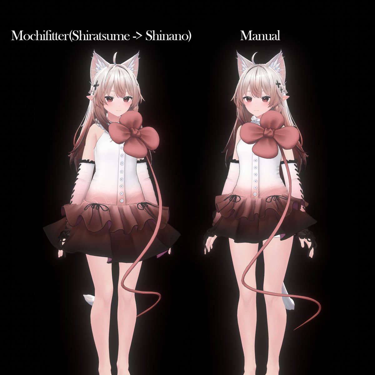 elusyia's tweet image. mochifitter を使うと衣装の汎用性が本当に広がって、とても感動します
そして同時に、mochifitter がここまで自動で合わせてくれるからこそ、「着せる」だけではなく、制作者さんがそれぞれのキャラクターのために入れていた細かな“こだわり”がより一層はっきり見えてくるんですよね…