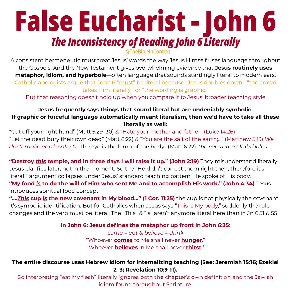 BibleInContext1's tweet image. False Eucharist - John 6
The Inconsistency of Reading John 6 Literally:

A consistent hermeneutic must treat Jesus’ words the way Jesus Himself uses language throughout the Gospels. And the New Testament gives overwhelming evidence that Jesus routinely uses metaphor, idiom, and…