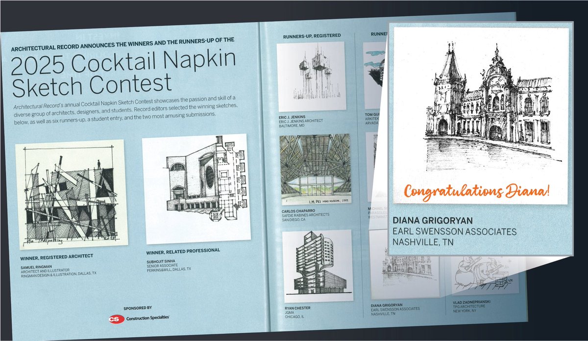 Congrats to visualization team member, Diana Grigoryan! Her sketch earned Runner-Up in Architectural Record’s 2025 Cocktail Napkin Sketch Contest. A great nod to her creativity and passion for design!
