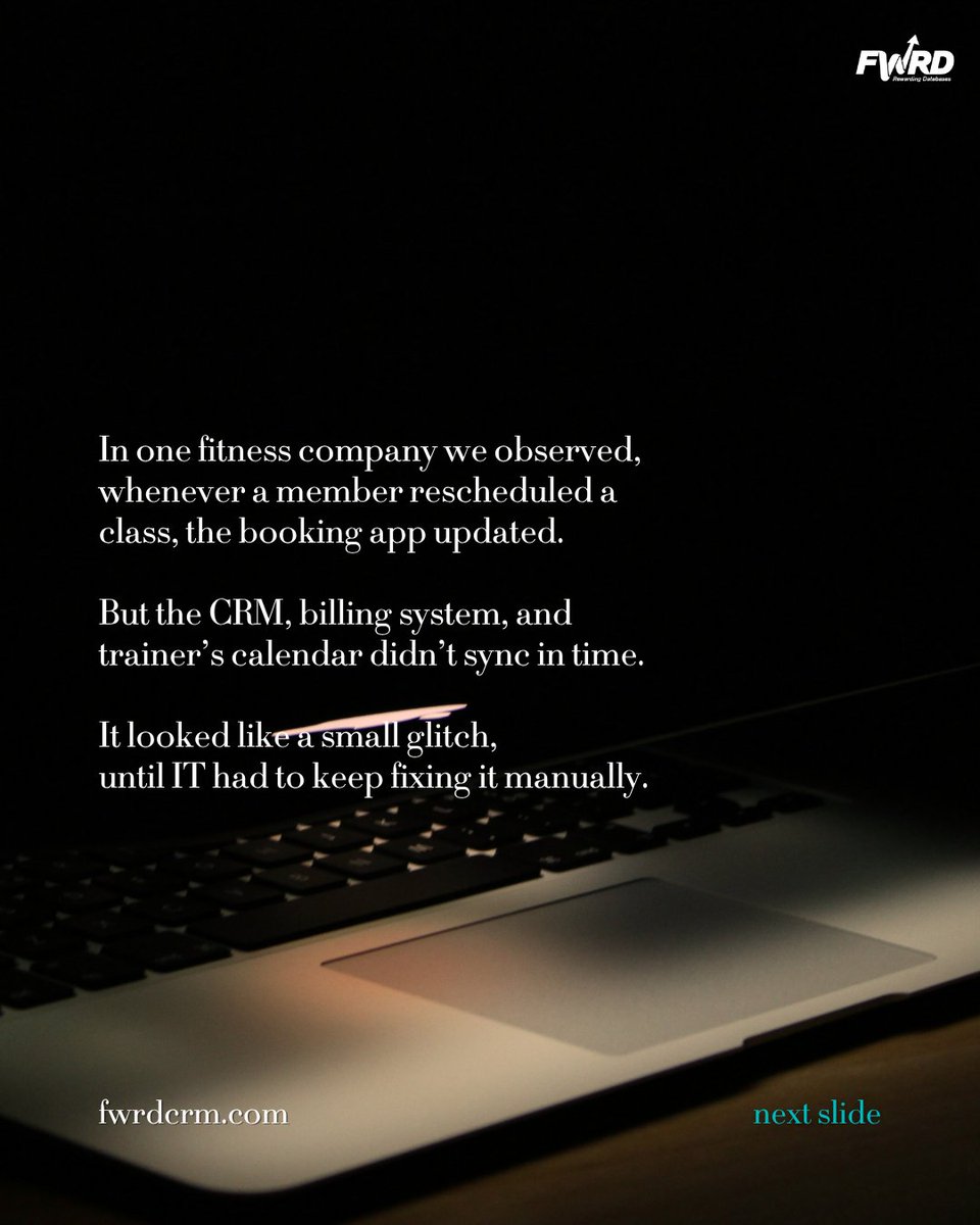 FWRDtweets's tweet image. When a gym member reschedules a class, multiple systems, such as booking app, CRM, billing, must update. Missed syncs or slowdowns create hidden IT work. ManageEngine helps teams spot issues early, keeping systems running smoothly. #FWRDCRM #ManageEngine #ITManagement #Zoho