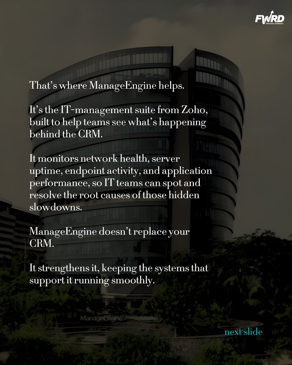 FWRDtweets's tweet image. When a gym member reschedules a class, multiple systems, such as booking app, CRM, billing, must update. Missed syncs or slowdowns create hidden IT work. ManageEngine helps teams spot issues early, keeping systems running smoothly. #FWRDCRM #ManageEngine #ITManagement #Zoho