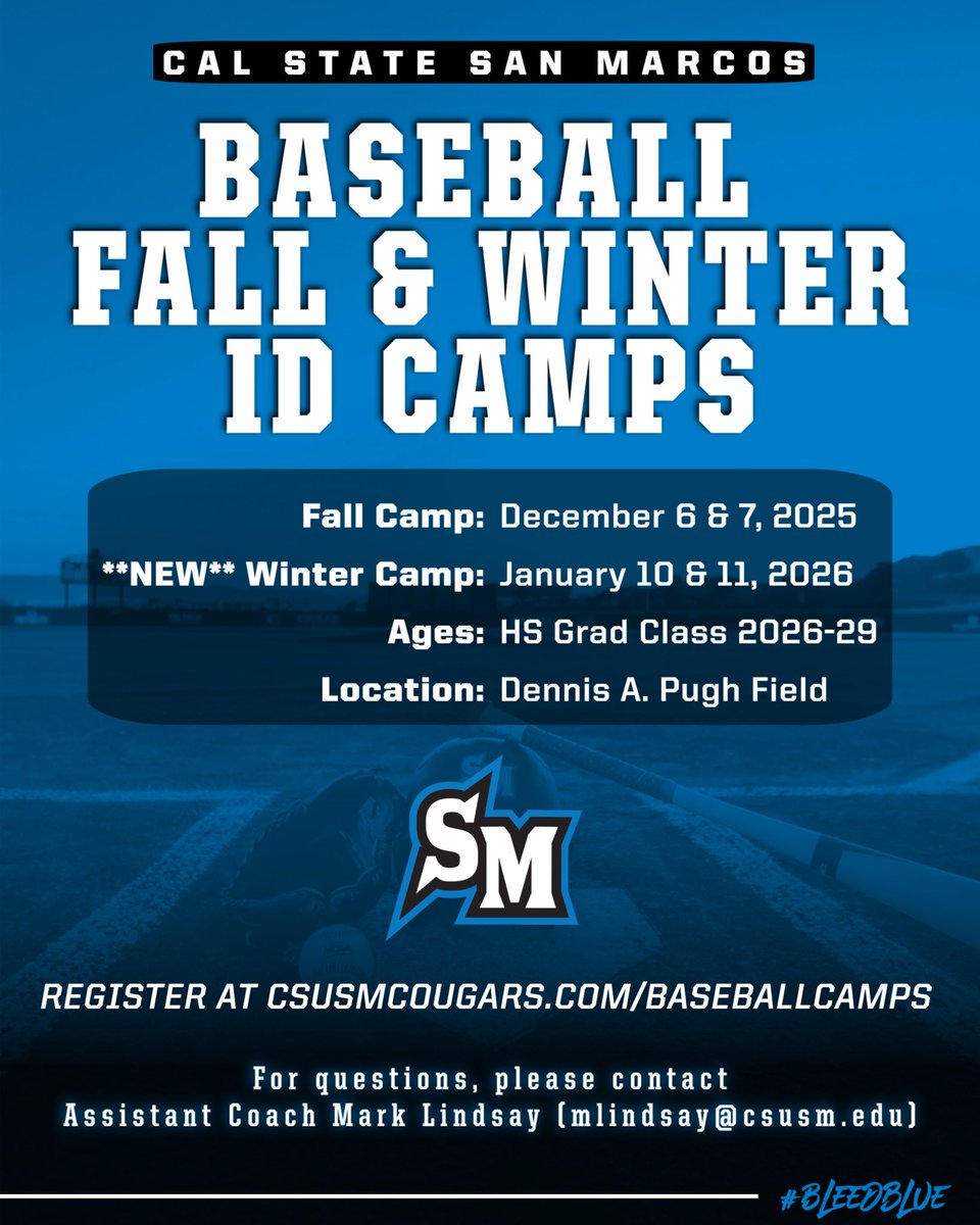 Unfortunately we had to postpone our ID Camp this weekend. Good news, we decided to add a New Camp Date!!! For those of you that couldn’t register before due to it sold out, we now get a chance to see you in action! We have added extra slots for December

csusmbaseballcamps.totalcamps.com/shop/EVENT