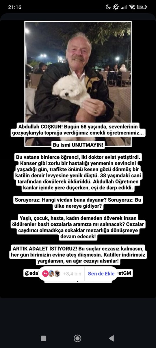 Eniştem Abdullah coşkun bir trafik magandası tarafından öldürülmüştür.Lütfen sessiz kalmayın
#AbdullahÖğretmen