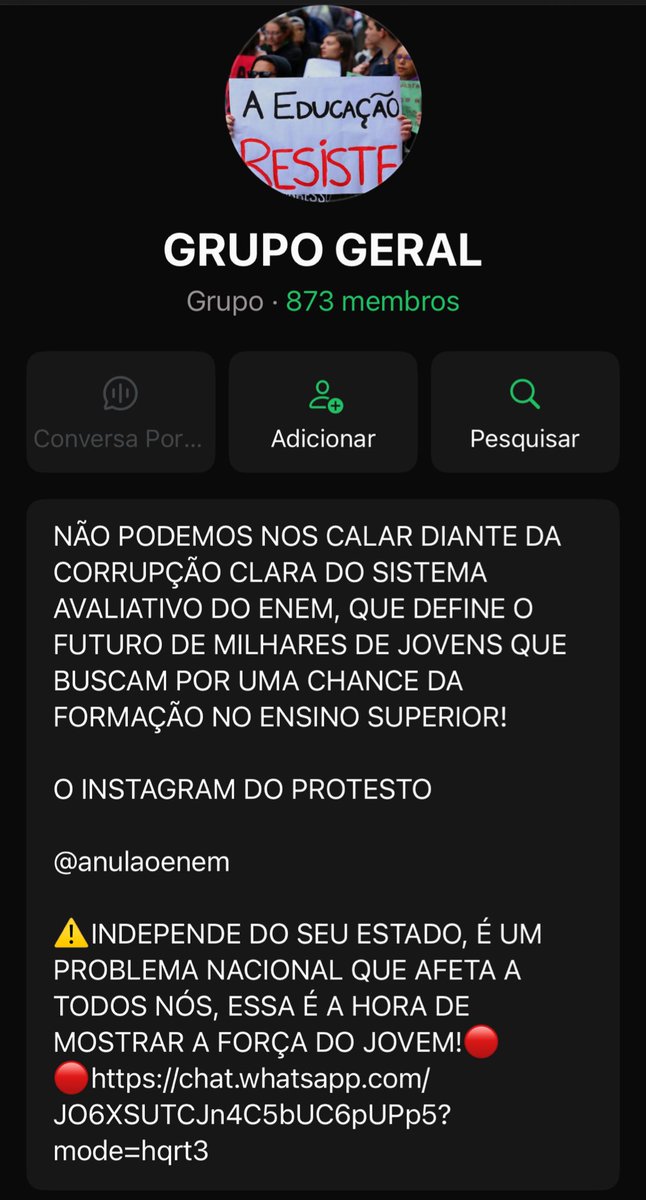 🚨🚨GALERA!! Criaram um grupo para organizar manifestações em TODOS OS ESTADOS DO BRASIL! 
#ANULAENEM 
Link: chat.whatsapp.com/JO6XSUTCJn4C5b…