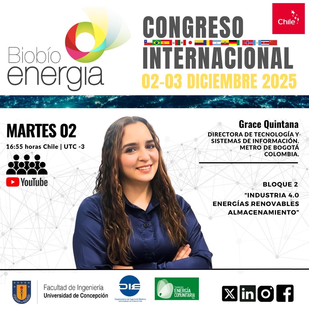 👩🏻‍💻Conoce a los speaker que se reunirán en el #biobioenergia  2025 “Resilencia y diversificación energética”

¡No te lo pierdas!
🗓️¿cuándo? 2 y 3 de diciembre 2025
📍¿dónde? UdeC, Concepción, Chile
ℹ️ ¿más información? Escríbenos a 📧 biobioenergiacibbe@gmail.com

<a href="/GRACEQUINTANAO/">Grace Quintana</a>