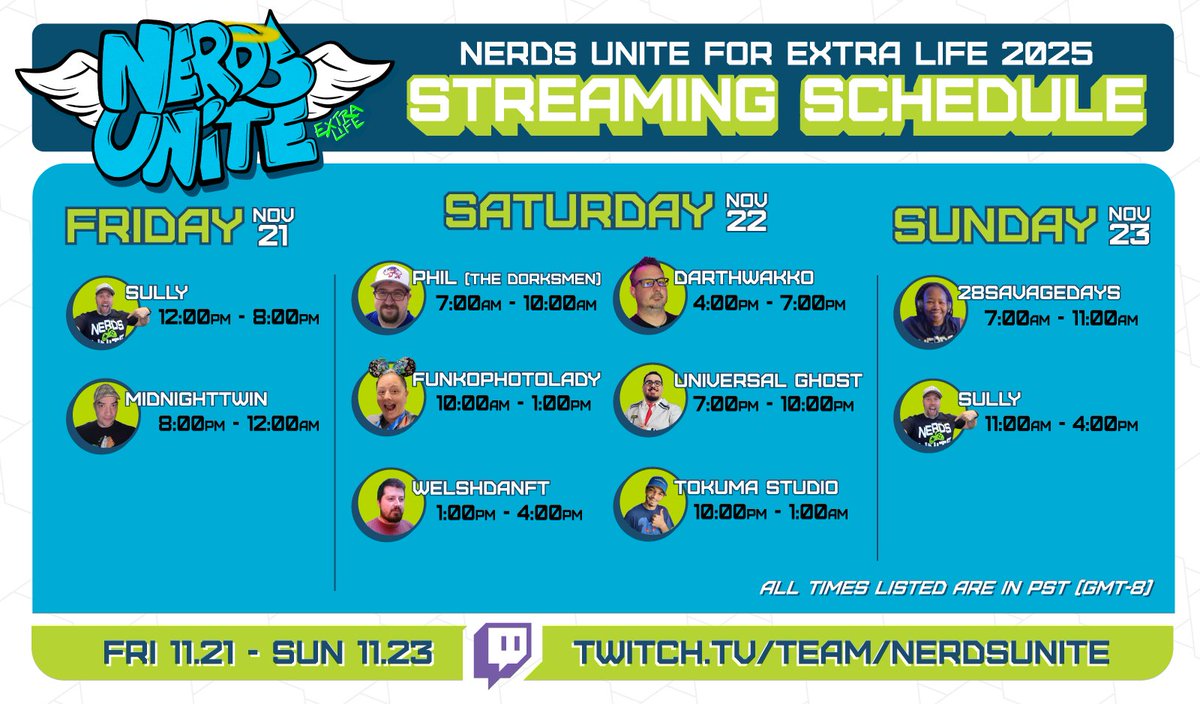 CSSully's tweet image. Nerds Unite for Extra Life -&amp;gt; this weekend!!

Join us on Twitch for games, giveaways &amp;amp; FUN, all weekend long, starting Friday at 12:00pm PT!

Visit the team link at any time to catch any/all of our streams: twitch.tv/team/nerdsunite