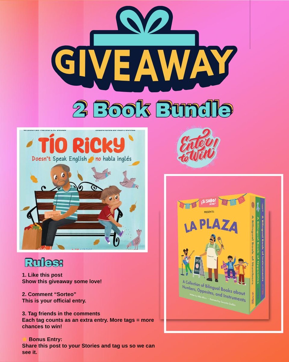 Thank you Giveaway!
A copy of Tío Ricky and a copy of La Plaza from our friends at #SiSaboBooks 

Details instagram.com/p/DRNF50SEU_O/…

Winner will be announced on Giving Tuesday, Dec 2!

#TíoRickyBilingualBook #LaPlaza #kidlit #bilingualniños #parents #teachers #librarians