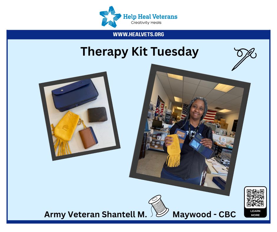 Therapy Kit Tuesday! 🧵🪡 Army Veteran Shantell M. rocked her first leather kits from Hines VA Blind Rehab! 👏🖤 Help veterans like Shantell — visit our website or scan the QR code!healvets.org #TherapyKit #HinesVA #BlindRehab #MaywoodCBC #VeteranArt #CreativityHeals