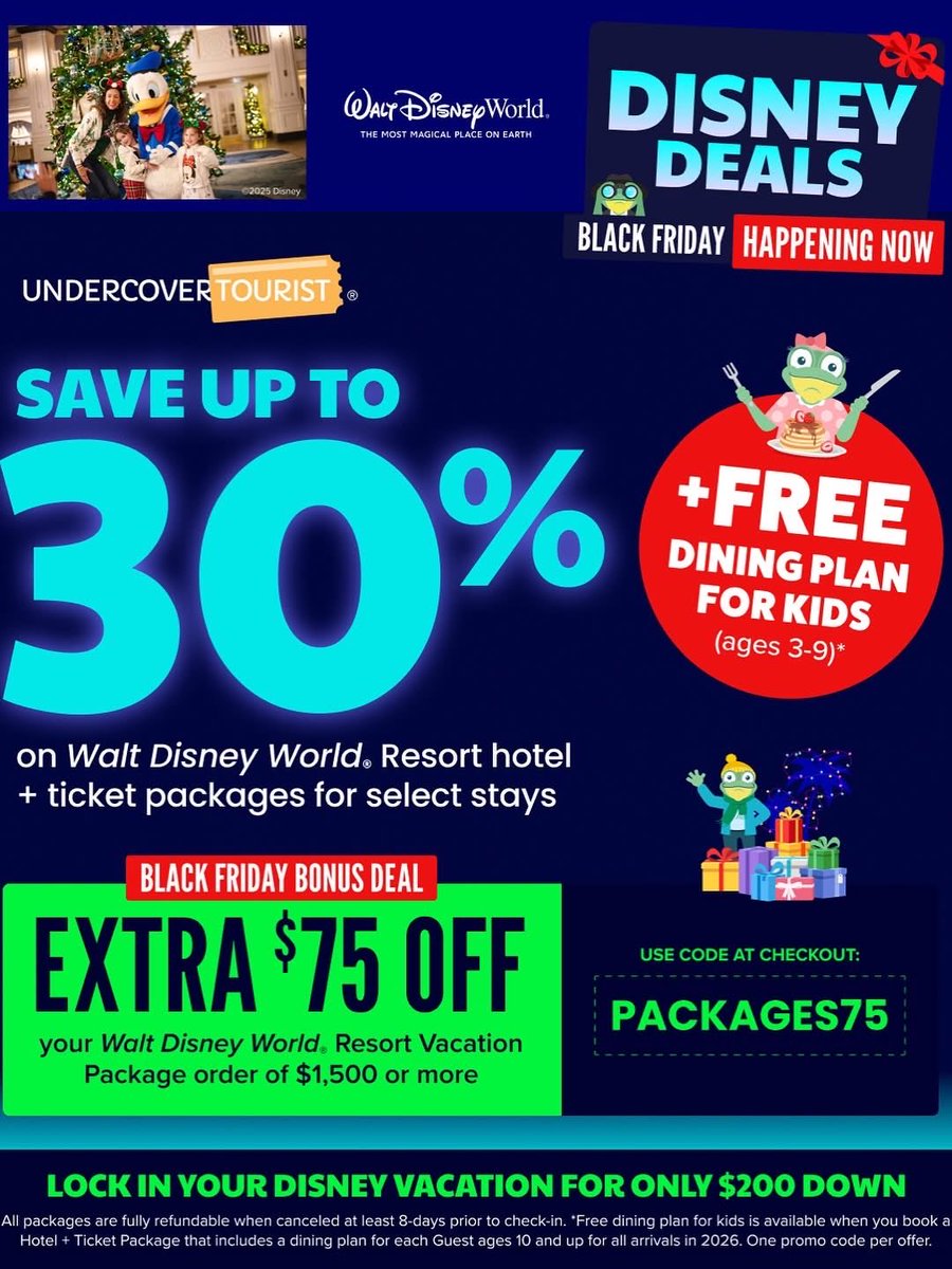 Ready to SAVE on your Walt Disney World Vacation Package?! 🐸

SAVE 👇
🎁 Up to 30% off WDW Vacation Packages
🎁 Save an EXTRA $75 off your WDW Vacation Packages order of $1500 or more - use code PACKAGES75 at checkout
🎁 PLUS, FREE dining plan for kids (ages 3-9) *terms and