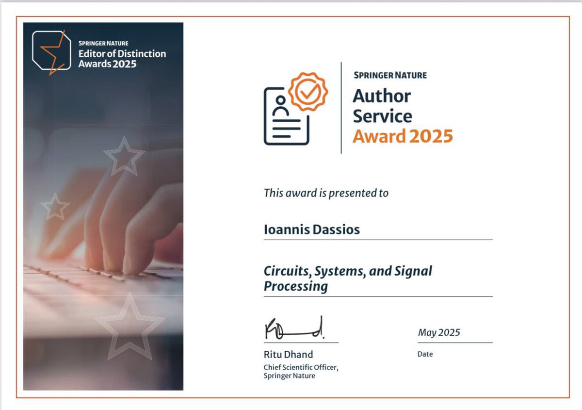 idassios's tweet photo. Thanks to @SpringerNature for the Author Service Award 2025 for my work as an Editor with Circuits, Systems, and Signal Processing.

Publishing is important for everyone in academia, but the system depends on people who also put in the time to support it as Editors and Reviewers. https://t.co/y5eUcdKGvA
