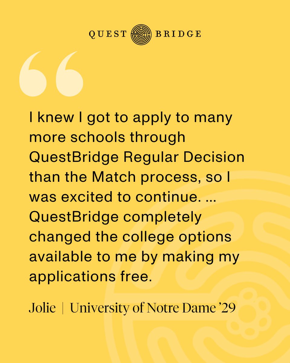 QuestBridge's tweet image. Hear how QuestBridge Scholars continued to dream big by applying to our 55 college partners through QuestBridge Regular Decision.

National College Match Finalists: Apply to any of our college partners by submitting the QuestBridge Regular Decision Form by Thursday, December 11.