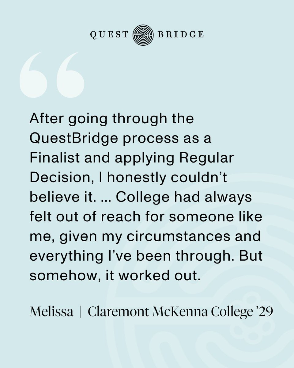 QuestBridge's tweet image. Hear how QuestBridge Scholars continued to dream big by applying to our 55 college partners through QuestBridge Regular Decision.

National College Match Finalists: Apply to any of our college partners by submitting the QuestBridge Regular Decision Form by Thursday, December 11.