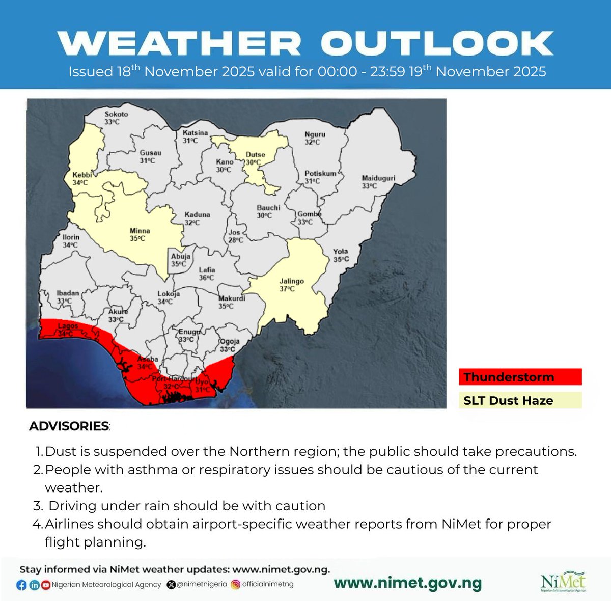 nimetnigeria's tweet image. 🌦️ DAILY WEATHER OUTLOOK
Valid for: Wednesday, 19th November 2025 (00:00 – 23:59)
📍 Issued on: Tuesday, 18th November 2025, by the Nigerian Meteorological Agency (NiMet)

🌍 Northern States

🌫️ Morning:
Sunny skies are expected across the region with a hazy atmosphere over parts…