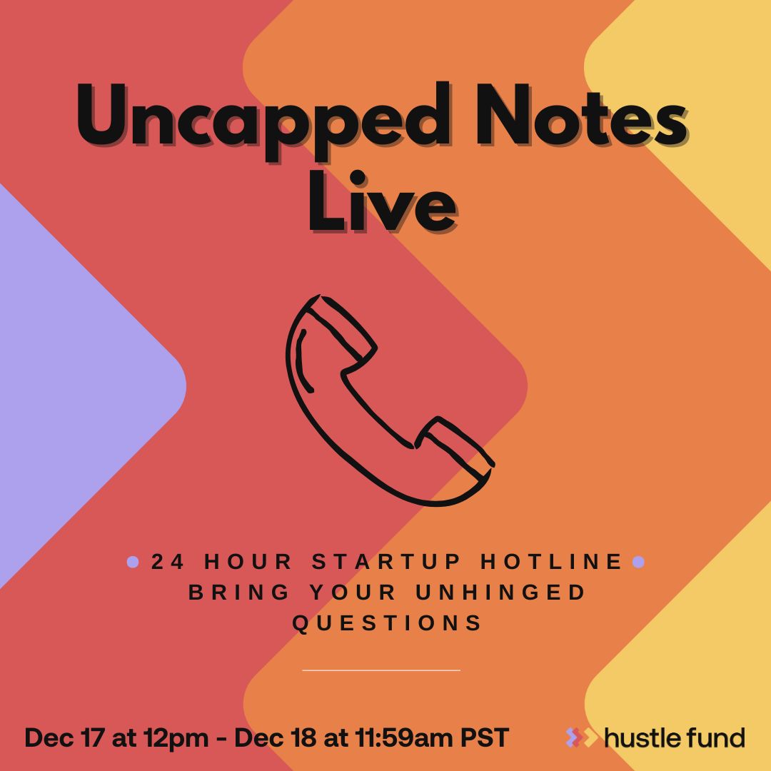 HustleFundVC's tweet image. founders at 2am: is my startup actually broken or is this just what hard feels like?

us: idk let&apos;s figure it out together, we&apos;ve got 24 hours from Dec 17-18.

You read that right! We&apos;re hosting 24 hour Uncapped Notes Live, aka your new favorite startup hotline where you can…