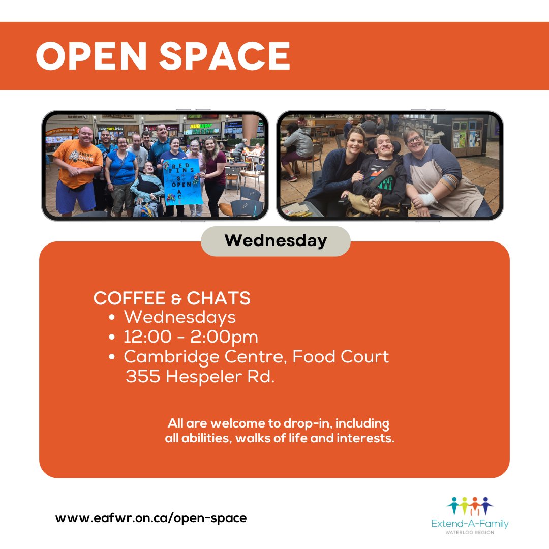 EAFWR's tweet image. Join us for our Cambridge Open Space Coffee &amp;amp; Chats, happening every Wednesday at Cambridge Centre from 12-2pm!

Open to all abilities, walks of life and interests: eafwr.on.ca/programs/open-…

#BetterTogetherWR #OpenSpace #community #KWAwesome