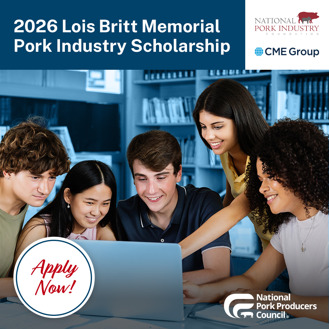 NPPC's tweet image. Calling the next generation of pork industry leaders! Apply now for the 2026 Lois Britt Memorial Pork Industry Scholarship. Ten $2,500 scholarships are available for undergraduate students.

Applications are due December 12, 2025. Learn more and apply: nppc.org/britt-scholars….
