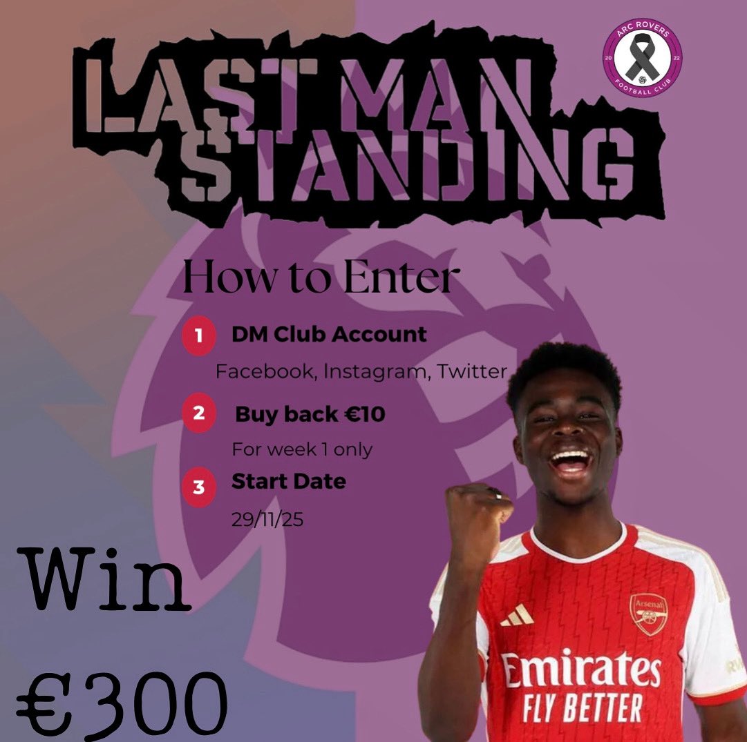 Last Man Standing is back starting Game week 13! €10 entry, €10 buy back on week 1, €300 for the winner. DM to enter 🟣⚫️
