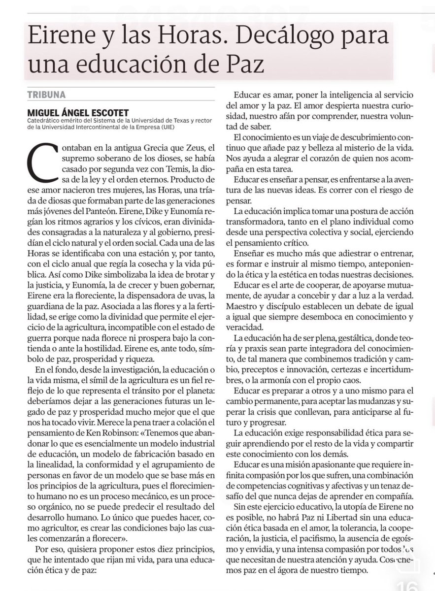 DrEscotet's tweet image. Eirene y las Horas. Decálogo para una educación de Paz.

Vuelvo a compartir este decálogo que me publicó la Voz de Galicia y que forma parte de mi próximo libro previsto a aparecer a comienzos del año 2026 bajo el título de “En búsqueda de Ítaca. Cavilaciones al filo de mi…