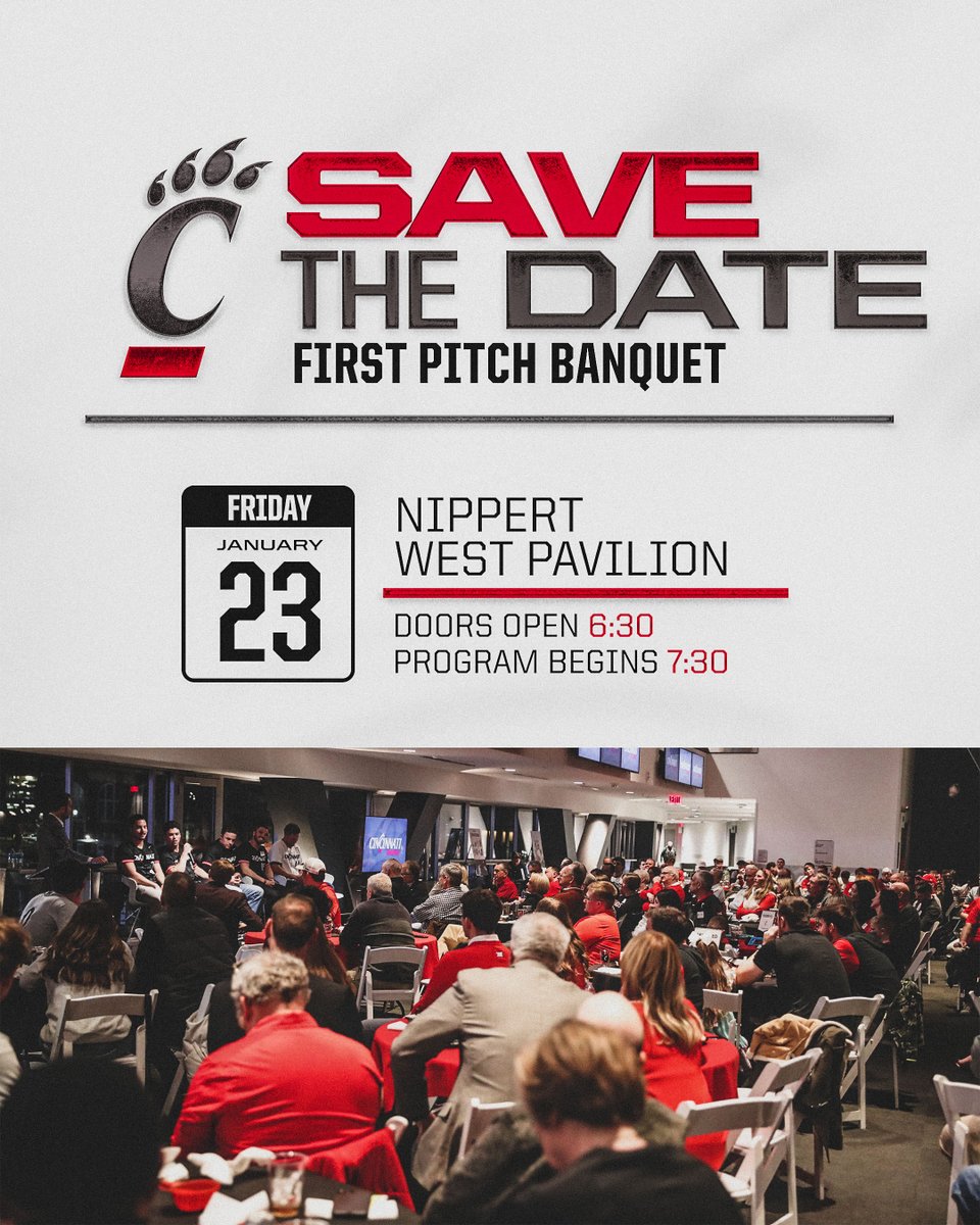 Mark your calendars‼️

Our First Pitch Banquet is set for Friday, Jan. 23.

Stay tuned for more information!

#Bearcats | #TenGames