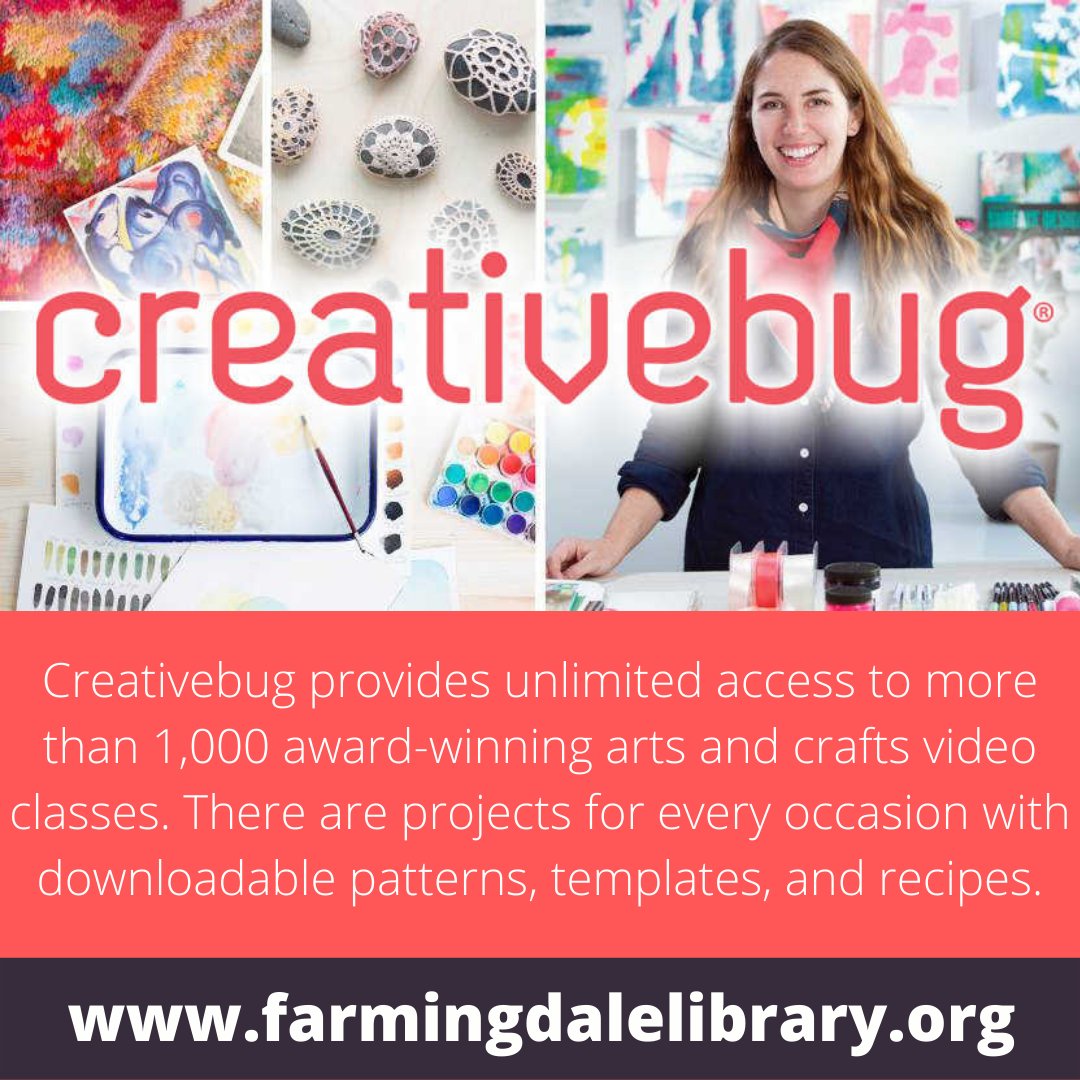 Fdalelibrary's tweet image. Have you tried Creativebug yet? 

Our Creativebug database provides unlimited access to more than 1,000 award-winning arts and crafts video classes. 

Access it here: tinyurl.com/387atcd3