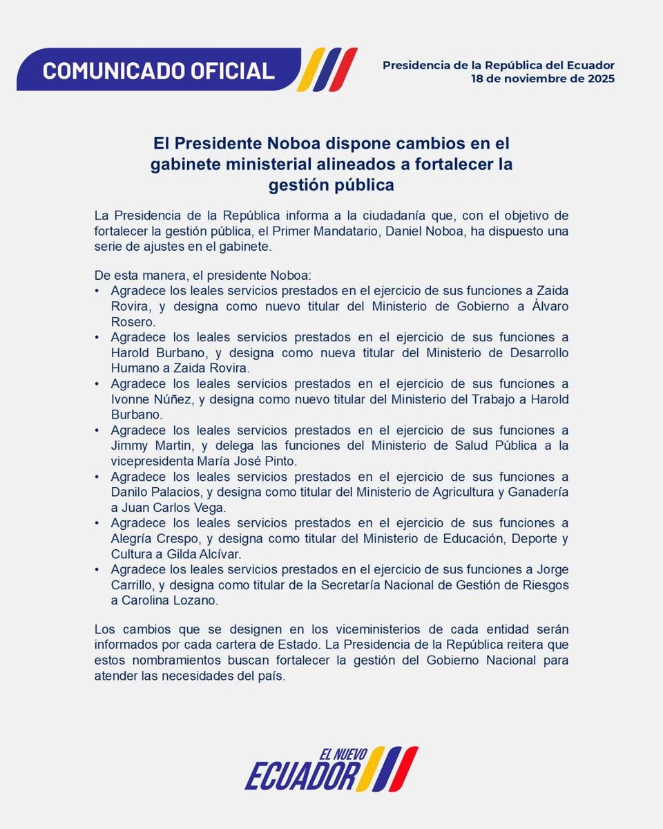 Cholo81Angel's tweet image. Cómo diríamos en nuestro idioma (Llukshi manavali) 
Daniel Noboa le dice fuera a varios Ministros e incluida Carolina Jaramillo la porta voz de la Presidencia.
El pueblo espera un cambió real y que no sea que remuevan a otro puestito. 
#MEJOR 
#RENUNCIA_NOBOA_ASAMBLEISTAS