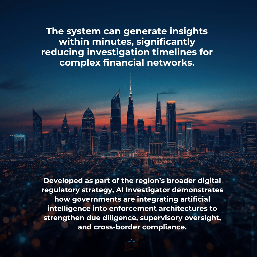 GavelCode's tweet photo. Abu Dhabi has launched AI Investigator, an AI-driven system that detects financial crime in minutes by analysing ownership data, filings &amp; media sources—marking a major step in AI-enabled enforcement.

#AbuDhabi #FinancialCrime #RegTech #SupTech #AI #AML #AIRegulation #TechPolicy https://t.co/petU2UgqXb