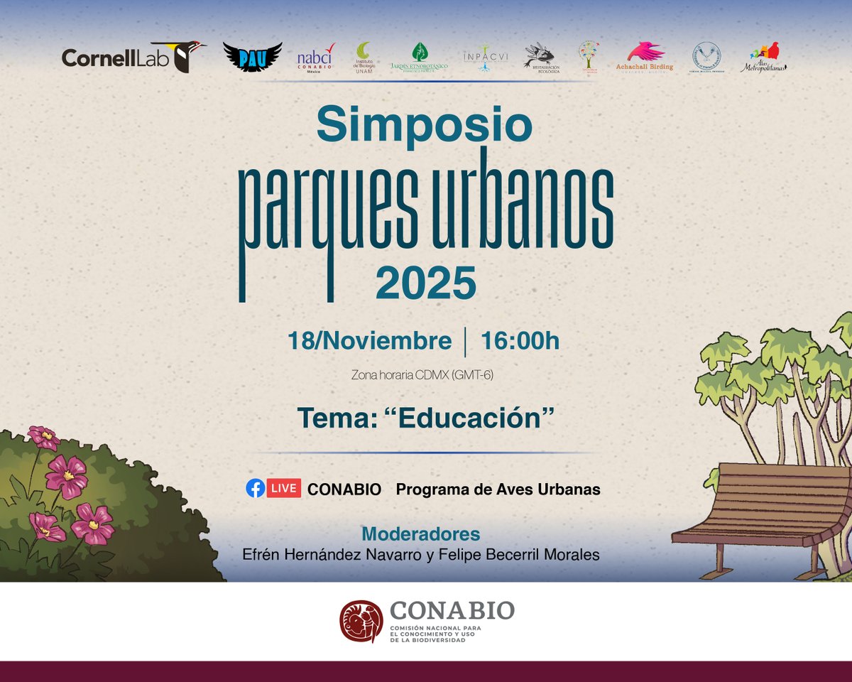 CONABIO's tweet photo. 📣 ¡Faltan unas horas para nuestro Simposio de Parques Urbanos!👇🏼
Únete a la transmisión en vivo hoy 🗓️18 de noviembre de 2025 en punto de las 16:00h ⏰ a través del 🔴Facebook live de CONABIO y sigue las ponencias de los expertos.
¡Te esperamos!
#CONABIO #pau #nabci #simposiodeparquesurbanos
