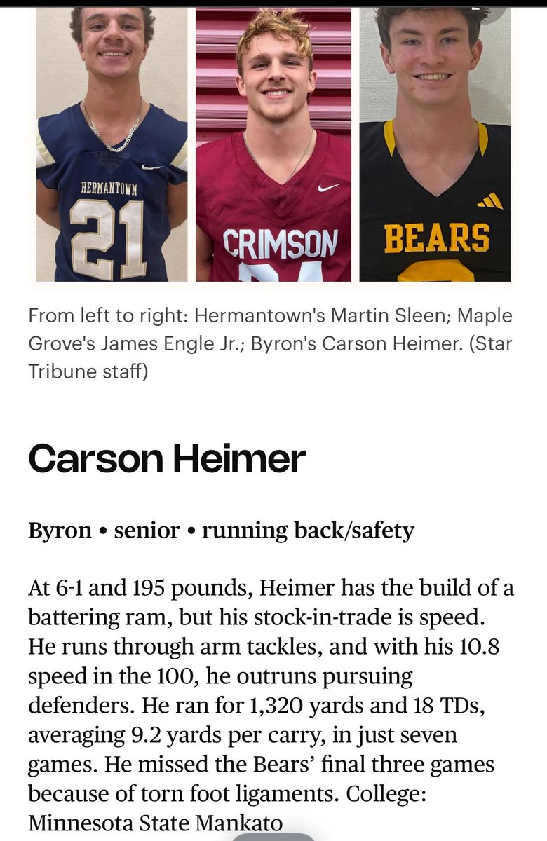 carson_heimer8's tweet image. I’m honored to make Strib Varsity’s top 25 team‼️ Thanks to my teammates and coaches who make all of this possible.
@CoachHalder @ByronMNFootball @StribVarsity @StarTribune