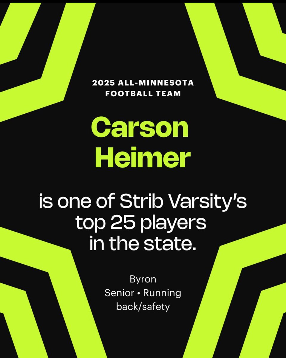 carson_heimer8's tweet image. I’m honored to make Strib Varsity’s top 25 team‼️ Thanks to my teammates and coaches who make all of this possible.
@CoachHalder @ByronMNFootball @StribVarsity @StarTribune