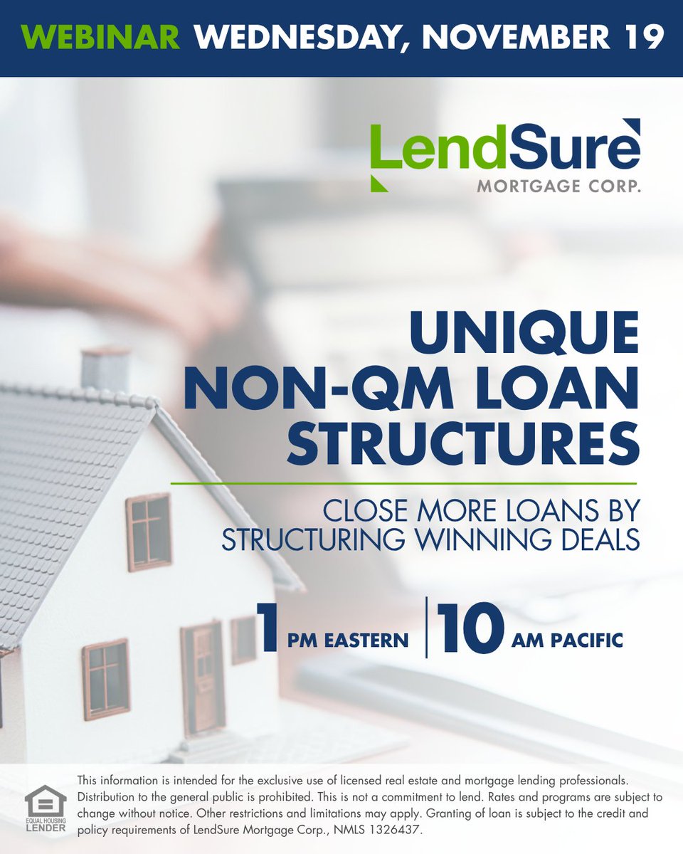 lendsure's tweet image. WEBINAR | Close More Loans by Structuring Winning Deals.  Space is limited, so reserve your spot today.  

Register now 👉 vist.ly/4e2yx

#Webinar #NonQM #MortgagePros #FinancingStrategies #LendSureMortgage