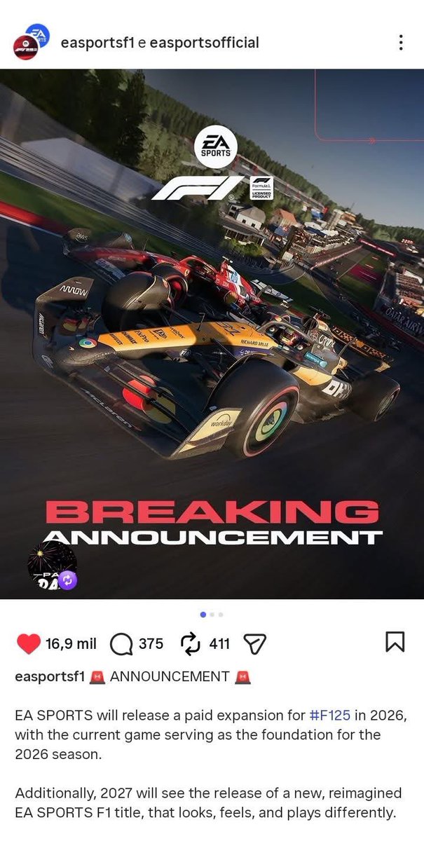 Pra quem gosta de FIFA. Pode ser um bom sinal. F1 26 será uma DLC do F1 25, pois o F1 27 será um jogo totalmente novo e com nova engine. O EA FC precisa seguir o mesmo caminho. Novos donos agindo?