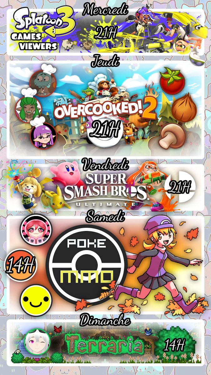 Planning du 17 au 23 novembre !!

Je suis de retour et avec du lourd !!
Tout d'abord, début du let's play #PokeMMO avec <a href="/lynxirius1/">LYNX/AxO !!!!!</a> et <a href="/Bannannne/">Mr.Banane</a> !!
Puis changement des lives Mario Kart par des lives #SmashBros !!
Je vous souhaite à tous une bonne semaine !!
#Splatoon3 #Nintendo