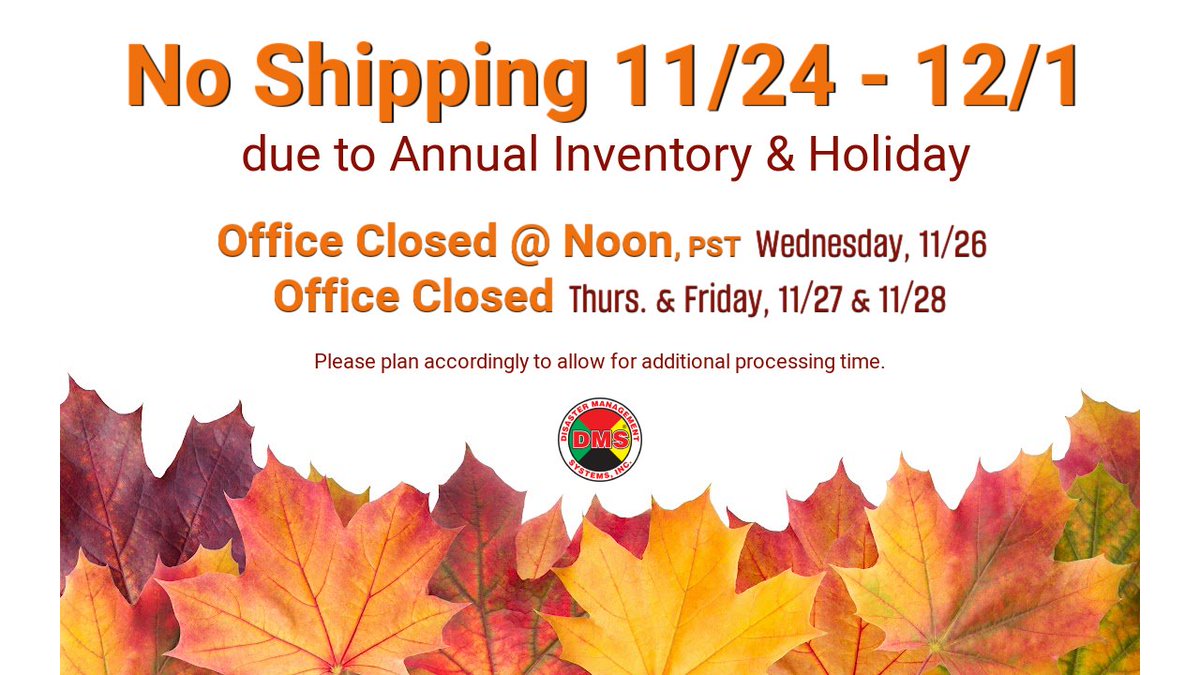 DMSTriageTags's tweet image. As we approach the holiday season, we wanted to remind you of our upcoming shipping and office schedule.

No Shipping from 11/24 - 12/1 🚫

Due to our annual inventory process and the Thanksgiving holiday, we will not be shipping any orders during this period. Please plan ahead