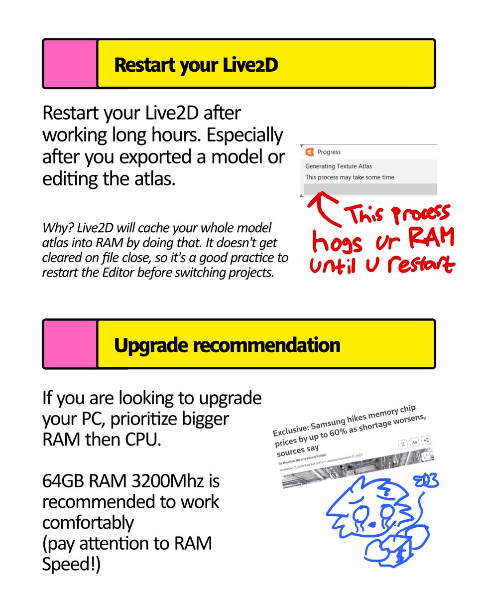 pixelvertice's tweet image. For those who needs it, here&apos;s my Live2D survival guide for working with big models!
This has served me well from working in a big tower PC to a Macbook with 16 GB of RAM, both giving around 45 FPS in average.