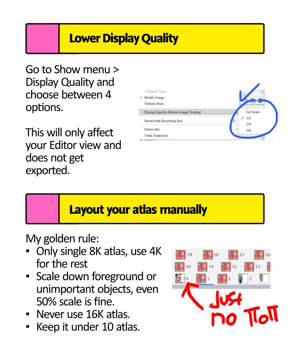 pixelvertice's tweet image. For those who needs it, here&apos;s my Live2D survival guide for working with big models!
This has served me well from working in a big tower PC to a Macbook with 16 GB of RAM, both giving around 45 FPS in average.