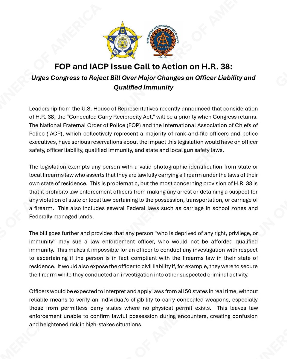 GunOwners's tweet image. 🚨BREAKING🚨 

Fraternal Order of Police betrays the Second Amendment by opposing H.R. 38, the national Constitutional Concealed Carry Reciprocity Act.

@GLFOP is proposing hypocritical restrictions on gun owners which DO NOT apply to the federal police carry permit.