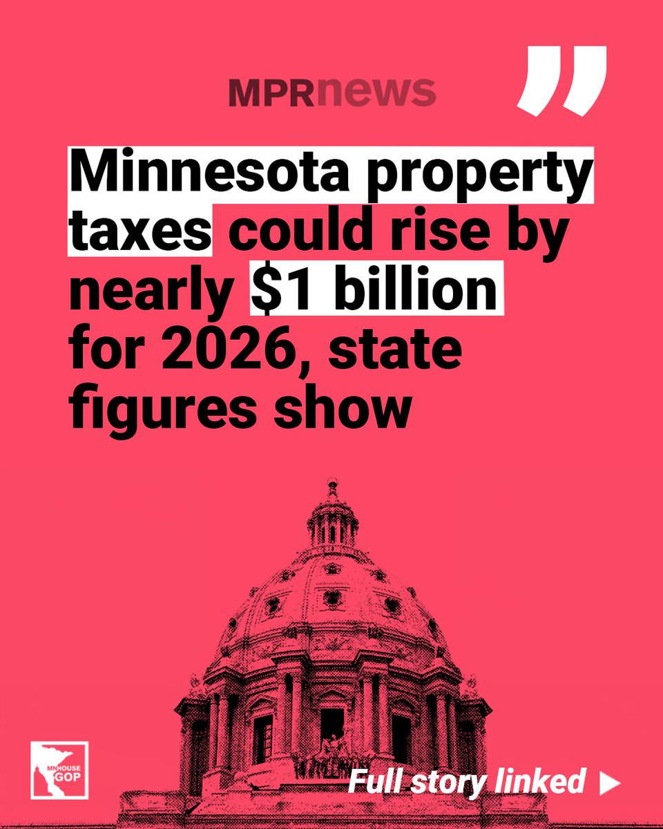 mnhousegop's tweet image. Minnesota property taxes are SKYROCKETING, and here’s why:

Democrats blew through an $18 billion surplus and piled on another $10 billion in tax hikes. They added dozens of new mandates that cities, counties, and schools are now forced to pay for. Local governments are also…
