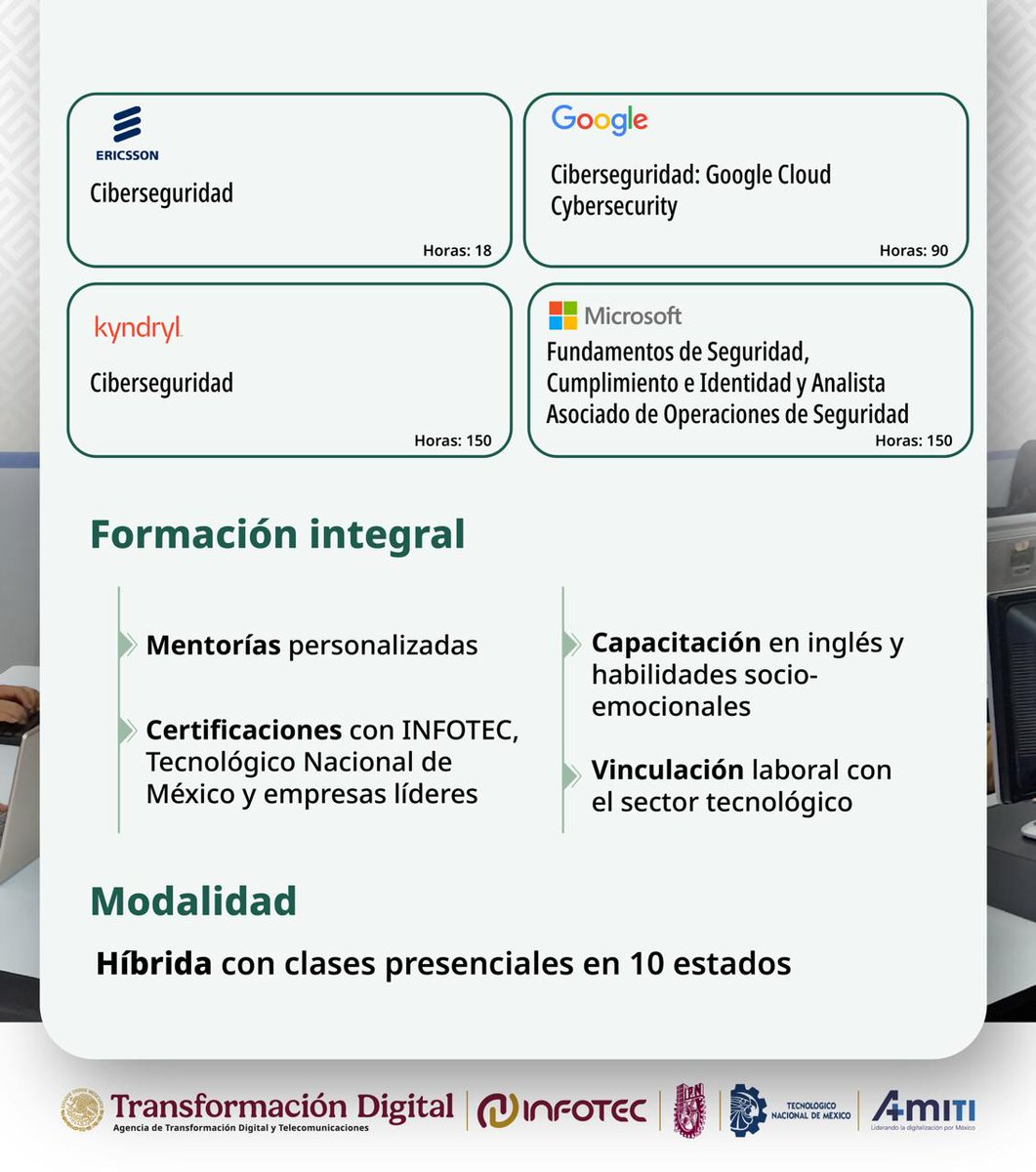 Convocatoria abierta para estudiar Ciberseguridad en el Centro Público de Inteligencia Artificial más grande del continente

5️⃣ Meses intensivos con certificaciones

🙌 Preparación en inglés y desarrollo de habilidades socioemocionales

💻Modalidad híbrida con clases presenciales