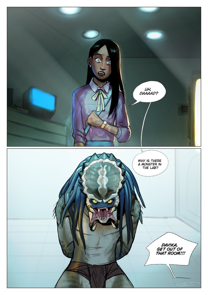 4lienbrainrot's tweet image. #oc #yautja 
&quot;𝚃𝚑𝚎𝚛𝚎 𝚢𝚘𝚞 𝚊𝚛𝚎&quot;
Many were the days in which little Davika thought back of the monster she saw in her father&apos;s lab.
If she wasn&apos;t standing right in front of it, after more than a decade, 
she would have started sto believe it wasn&apos;t real.