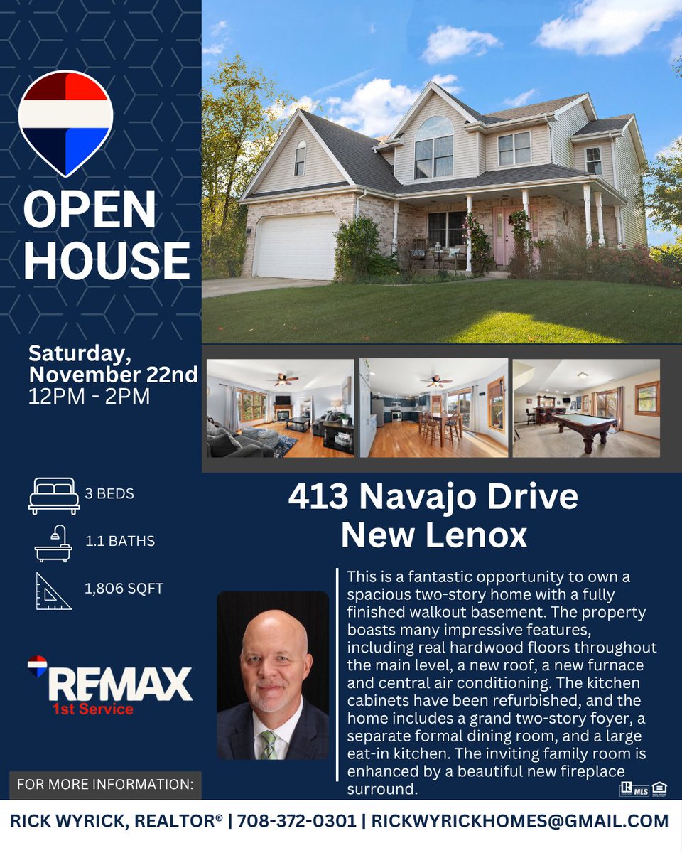 REMAX1stService's tweet image. Two open houses this weekend.

Sat 12 to 2: 413 Navajo Dr, New Lenox — updated two story with finished basement.

Sun 12 to 3: 14341 Kenton Ave, Midlothian — charming 4 bed Cape Cod with big yard.

#OpenHouse #NewLenox #Midlothian #REMAX1stService