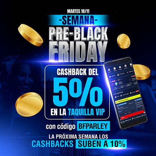 ParleyEnLinea's tweet image. 🌟¡MARTES DE CASHBACK! ✅

🔥 Hoy puedes disfrutar un 5% de reembolso en la Taquilla VIP con el código &apos;BFPARLEY&apos;. 🎉

👀 Debes armar tu jugada con al menos dos logros, que pueden ser de dos eventos distintos o en uno solo.