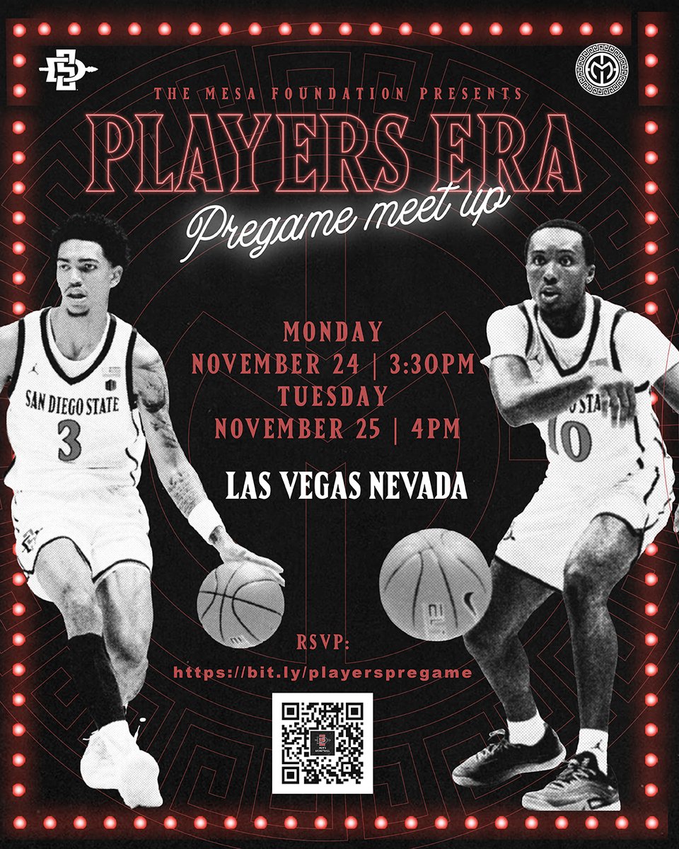 mesa_aztecs's tweet image. Headed to Las Vegas for the Players Era Tournament? Come meet up with fellow Aztecs before both SDSU Men’s Basketball games! We’ll be gathering at Flanker Kitchen + Sports Bar at Mandalay Bay, just a short walk from Michelob ULTRA Arena.

To help the restaurant prep, please RSVP…