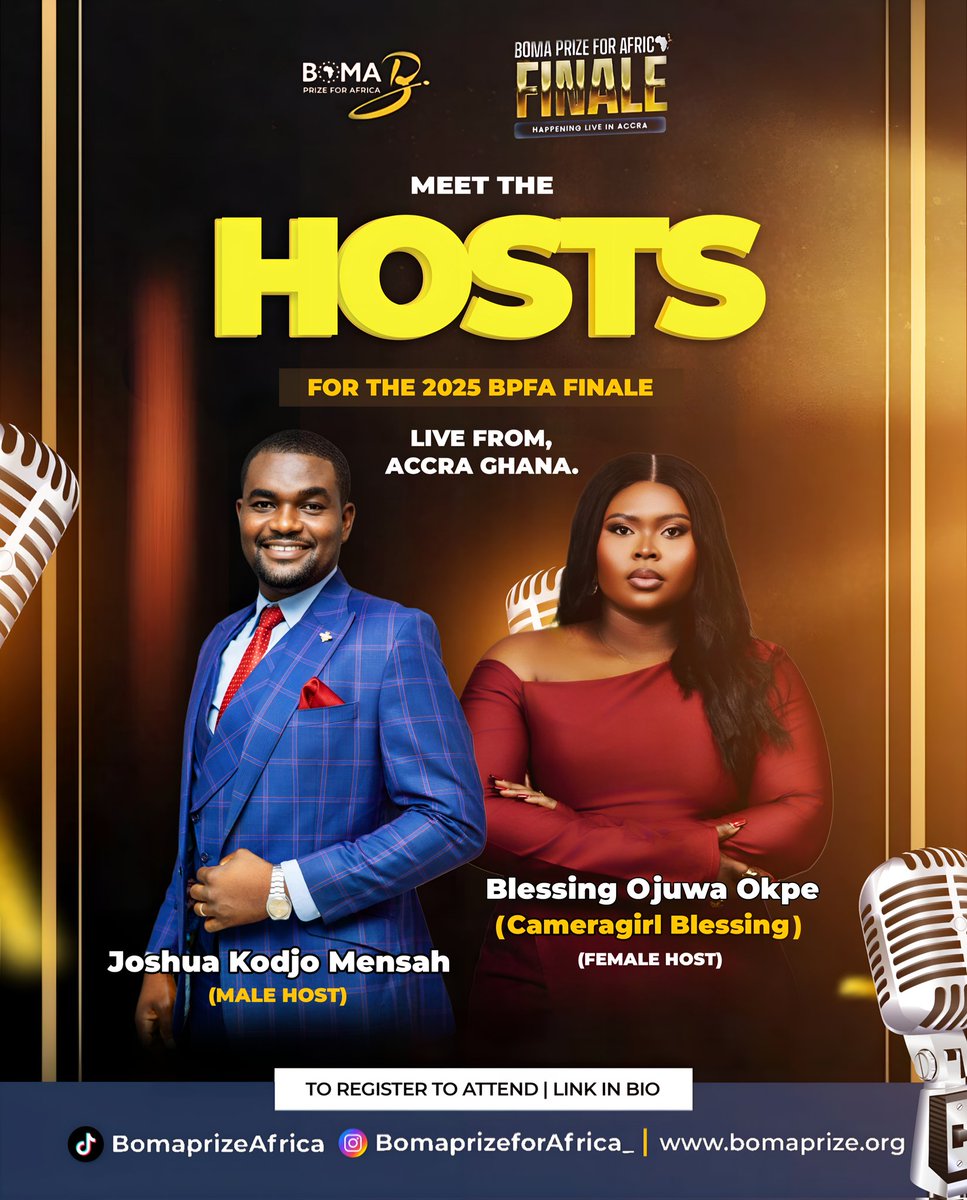 BomaprizeAfrica's tweet photo. Meet the Boma Prize for Africa 2025 Hosts, Joshua Kodjo Mensah and Cameragirl Blessing.
#Bpfa https://t.co/EgUH4HAHgG