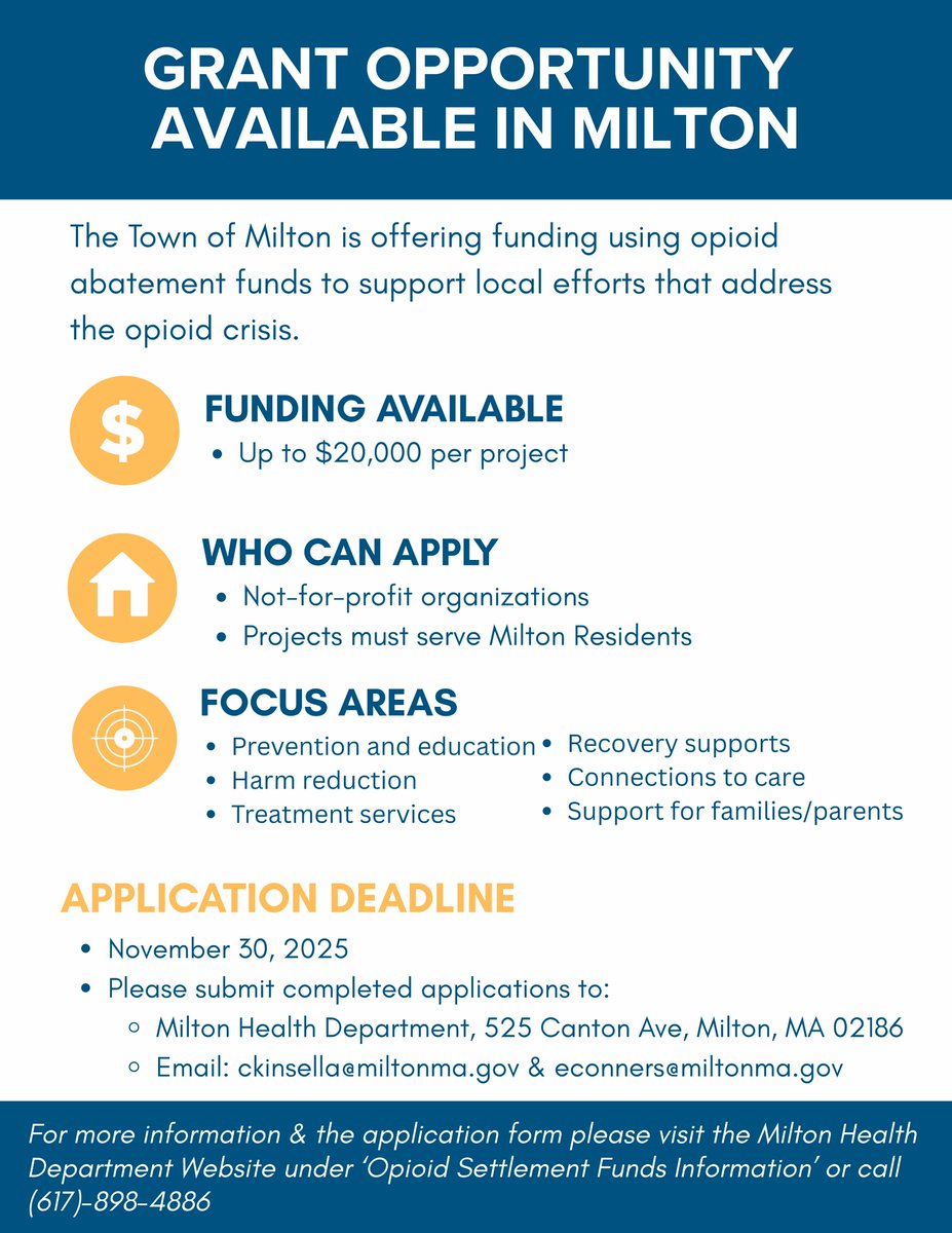 FUNDING AVAILABLE!

The Town of Milton is offering grants up to $20,000 for local projects addressing the opioid crisis. Apply by November 30, 2025.

Visit the Milton Health Department website for application and details:
tinyurl.com/mthss22h