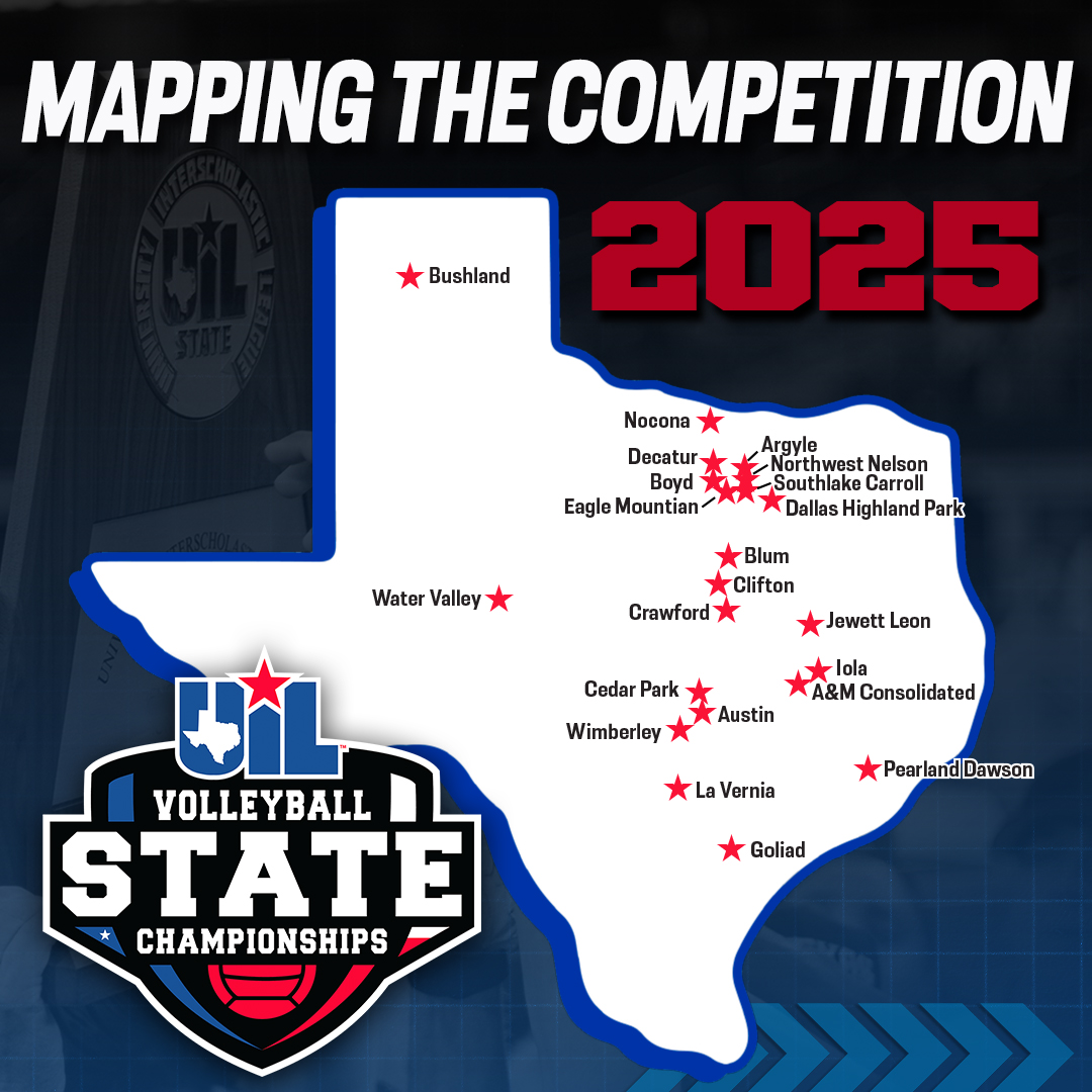 uiltexas's tweet image. 🏐 The best of the best are on the map! These teams punched their ticket to the #UILState Finals. Safe travels to Garland!

🏆 uiltexas.org/volleyball/sta…