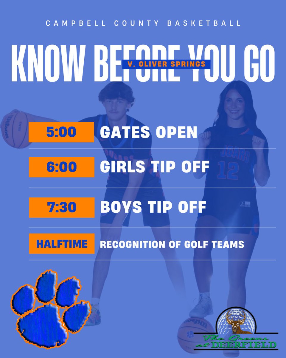 🏀 Know Before You Go: CCHS v. Oliver Springs 

See you tonight! 

Thanks to The Greens at Deerfield for always supporting CCHS Athletics!