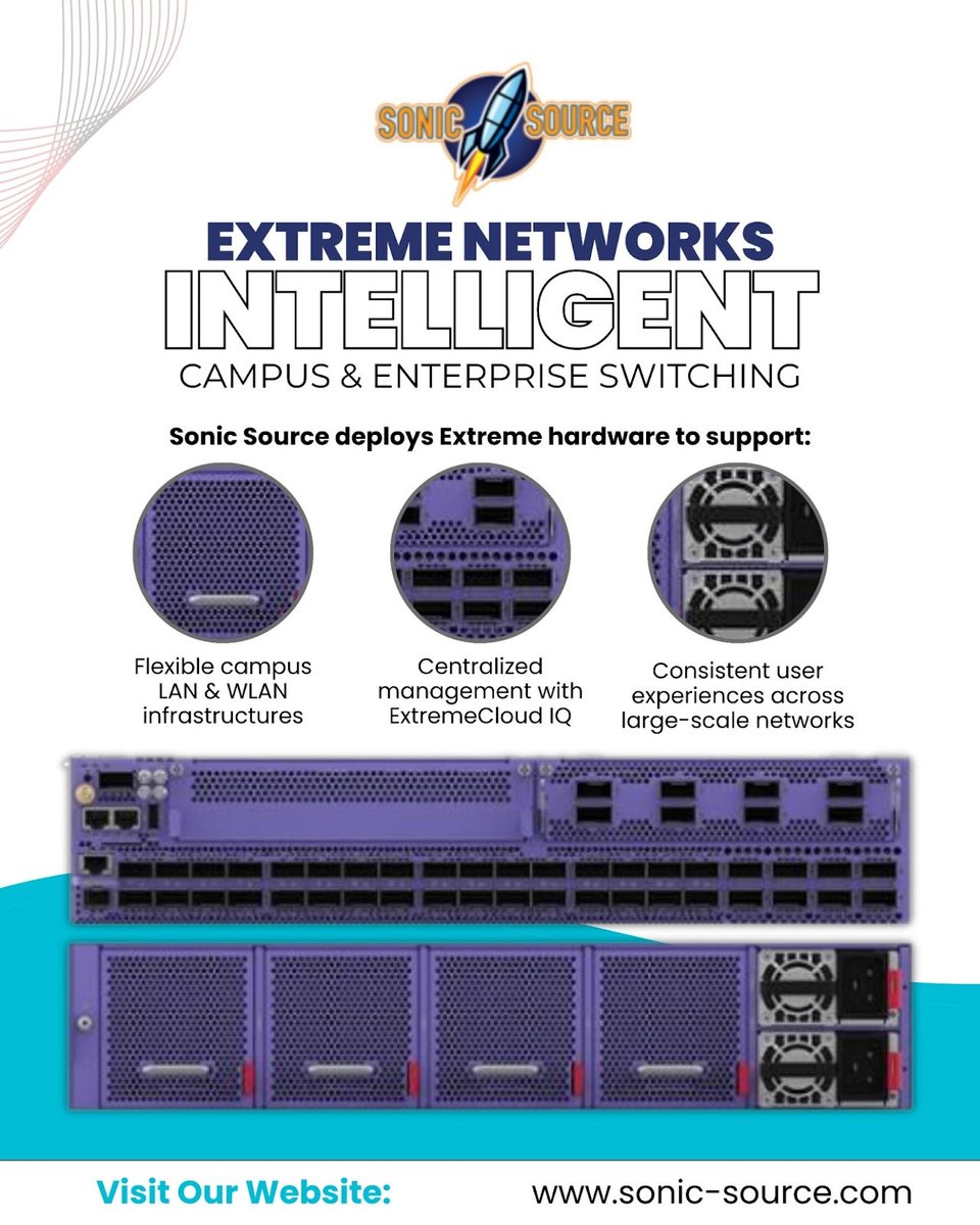 SourceSoni25436's tweet image. Enterprise campuses rely on networks that never slow down.
Sonic Source integrates Extreme Networks hardware for secure, automated switching across offices, campuses, and large distributed networks.
Reliable, scalable, and cloud-managed.
.
.
.
.
#sonicsource #extremenetworks