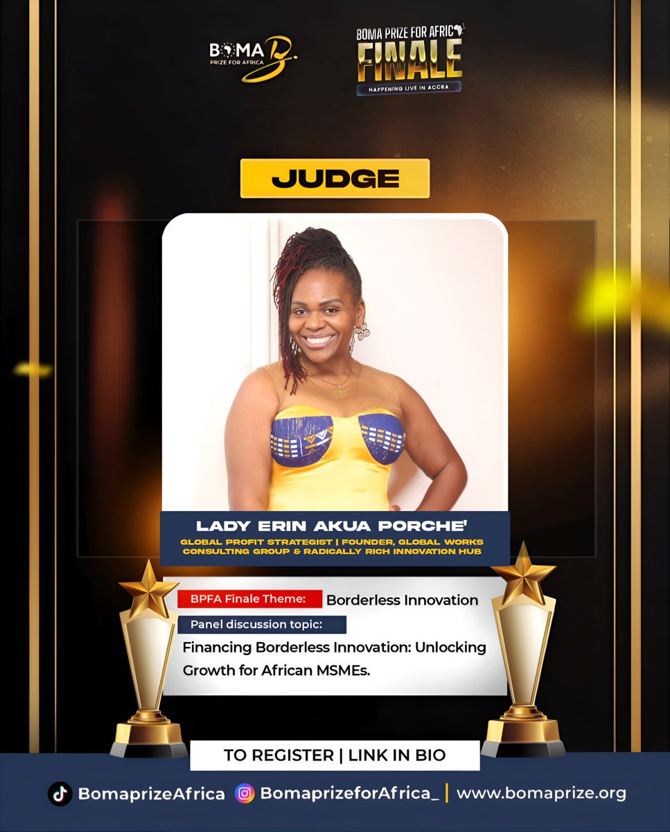 BomaprizeAfrica's tweet photo. Meet the Boma Prize for Africa Judges: Meet LADY ERIN AKUA PORCHE'.
#Bpfa https://t.co/vogsTLAYY2