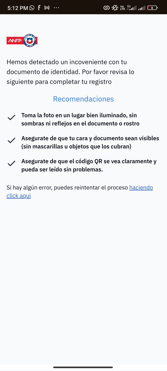 rslnc_'s tweet photo. @ANFPChile llevo todo el día tratandi de registrarme y me aparece ese problema a cada rato en el Registro del Hincha. Las excusas son de que no se ve bien el QR o que las fotos no son legibles cuando es todo lo contrario. Las camaras del teléfono tienen muy buenas resoluciónes https://t.co/WkWS6xxv61