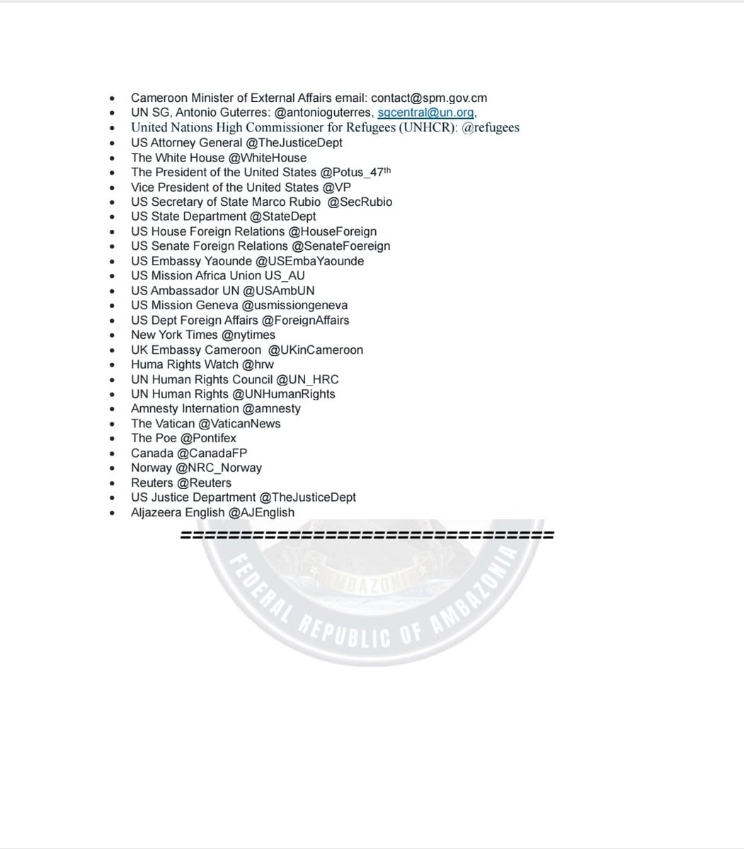 In reaction to a purported message from Mr <a href="/ITBakary/">ISSA TCHIROMA BAKARY</a> - calling on the "leaders of our anglophone brothers" to block the circulation of goods &amp; persons "between our two regions" from Monday to Thursday, see President, <a href="/SamuelSako/">President Samuel Sako</a> clarification attached. 
<a href="/StateDept/">Department of State</a> <a href="/UN_HRC/">UN Human Rights Council</a> <a href="/ACHPR/">AfricanCommissionHPR</a>